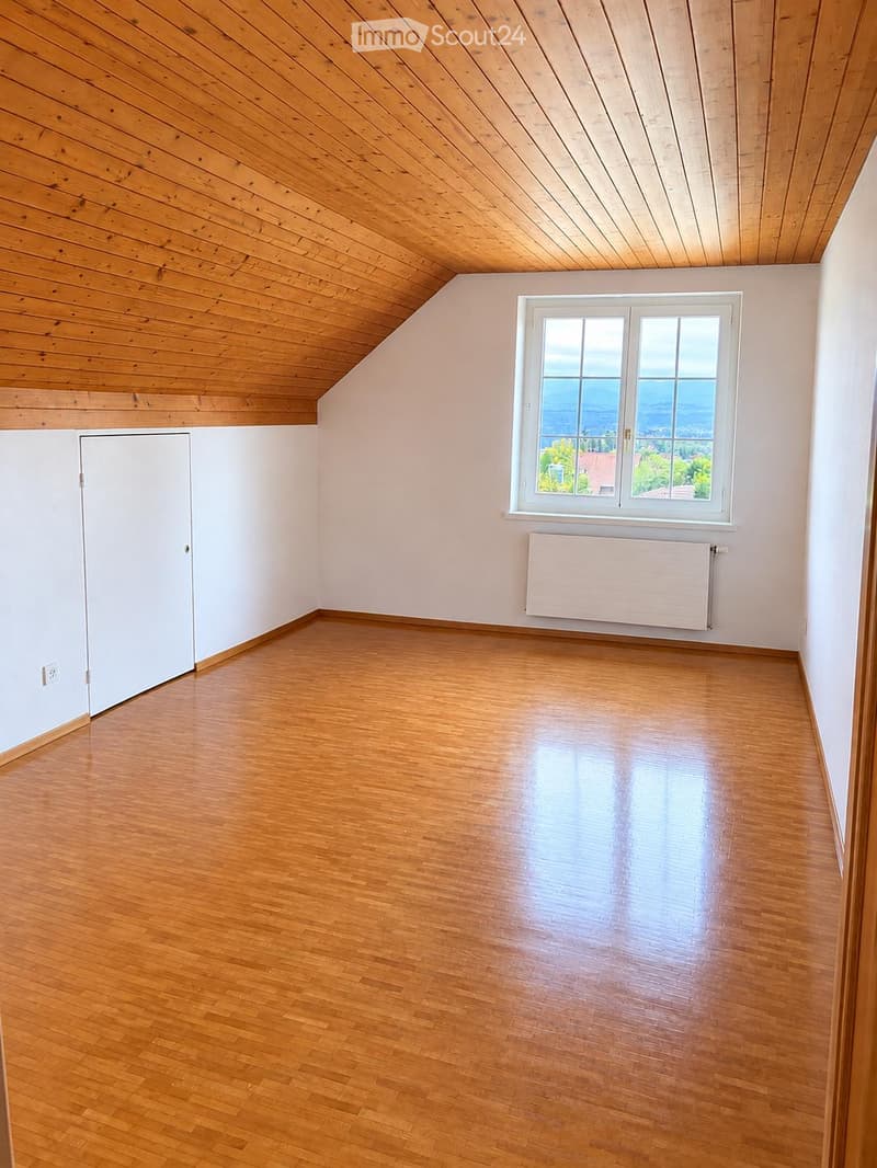 Empty room with wooden flooring, white walls, and a large window offering a scenic view. Features a built-in closet and a radiator under the window.