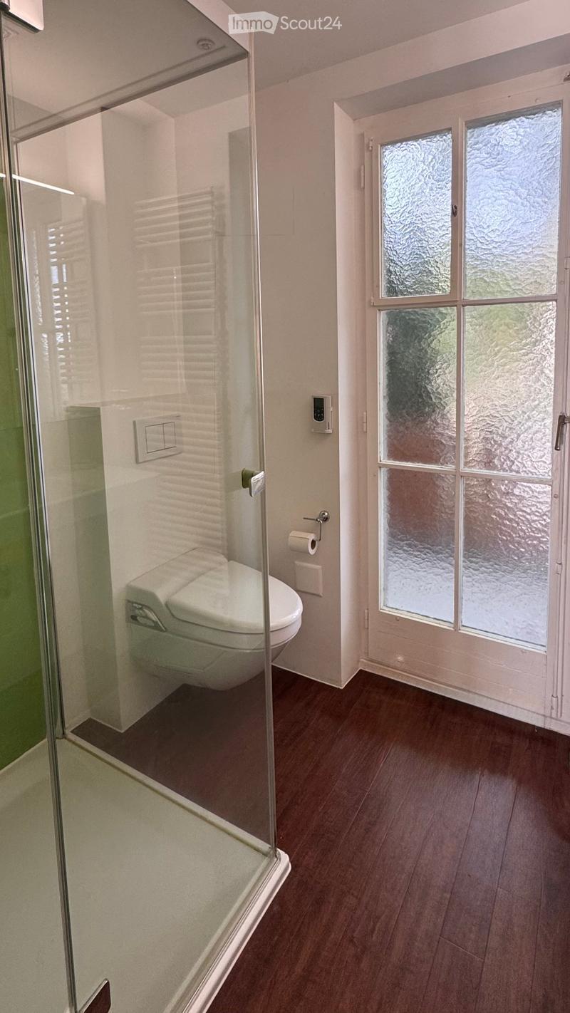 Modern bathroom with a toilet, glass-enclosed shower, and frosted windows. Wooden flooring and white walls.