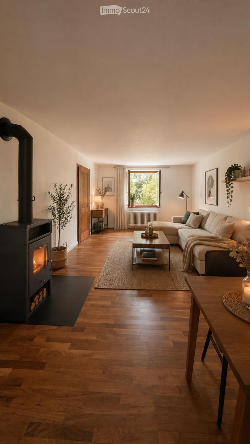 Modern living room with wooden flooring, a fireplace, a sectional sofa, coffee table, and decorative plants.
