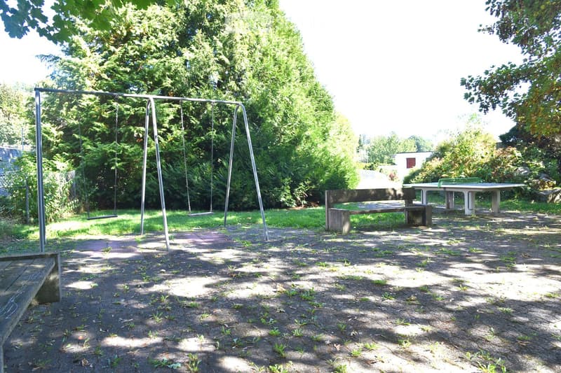 Outdoor park area with swings, a bench, and a table, surrounded by trees and greenery.