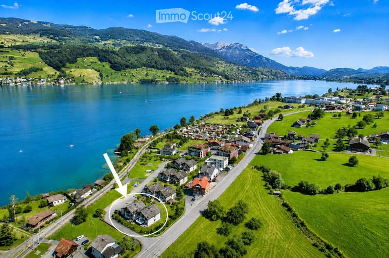 Aerial view of a small village nestled by a lake, surrounded by green hills and mountains. The village features numerous houses with varied architectural styles, roads, and a calm lake reflecting the surrounding landscape.