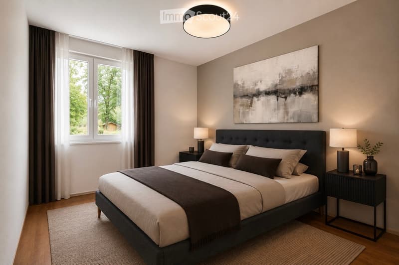 Modern bedroom with a large bed, nightstands, lamps, and a large abstract painting on the wall. The room features wooden flooring and large windows with curtains.