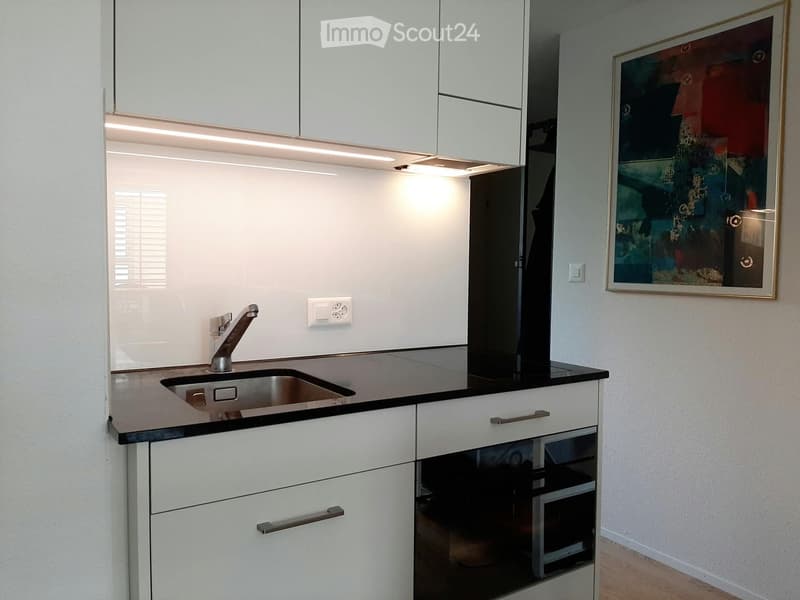 Modern kitchen with white cabinets, stainless steel sink, and built-in oven. Features sleek countertops and integrated lighting.