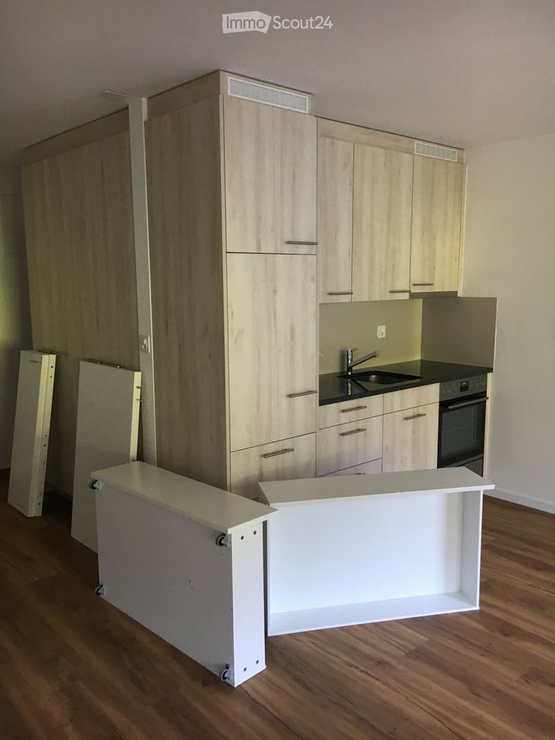 Modern kitchen with light wood cabinets, stainless steel sink, and built-in oven. Countertops are white, and the floor is wooden.