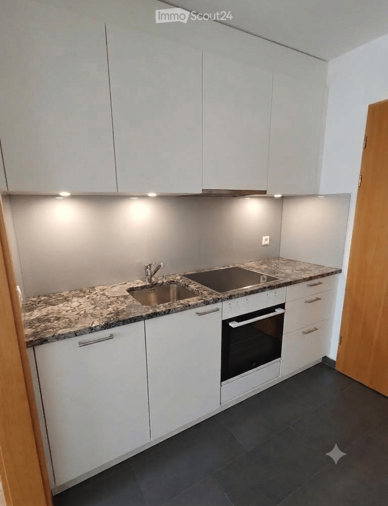 Modern kitchen with white cabinets, granite countertop, stainless steel sink, induction cooktop, and built-in oven.