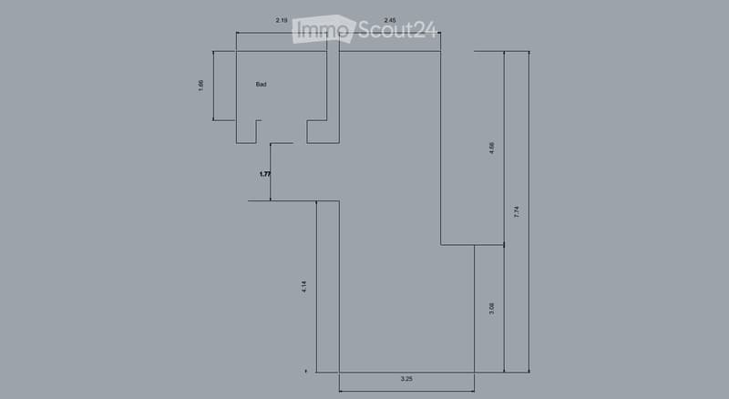 Floor plan showing a layout with a bathroom, living area, and additional spaces with labeled dimensions.