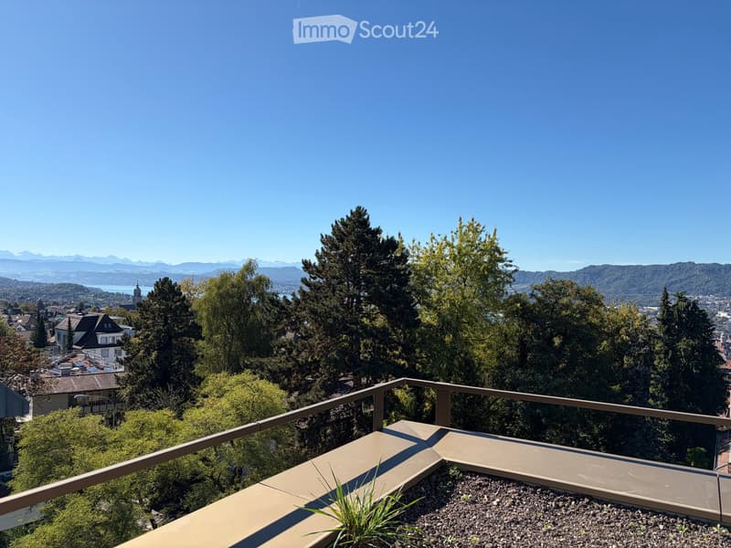 Balcony with a panoramic view of a cityscape, trees, and distant mountains under a clear blue sky.