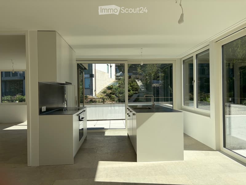 Modern kitchen with white cabinets, black countertops, and large windows overlooking a garden area.