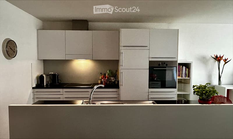 Modern kitchen with white cabinets, stainless steel sink, oven, and countertop. Includes a coffee maker, blender, and decorative plant on the counter.