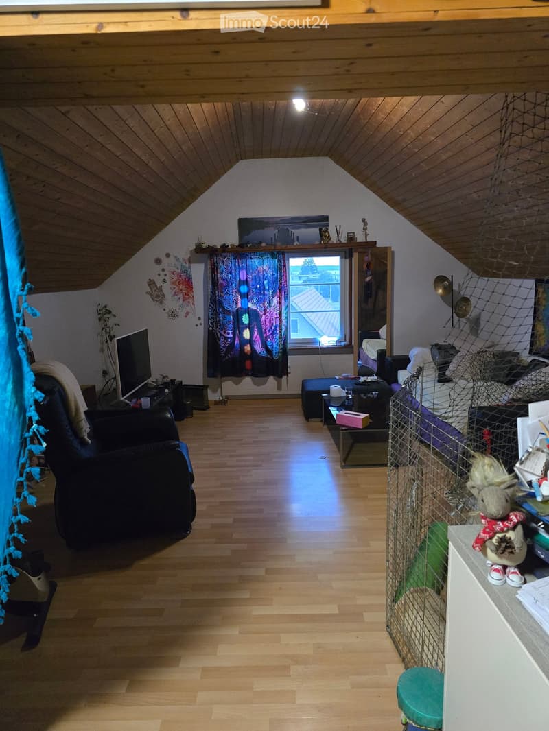 A cozy attic room with wooden floors and slanted ceilings, featuring a sofa, a small table, a TV screen, a pet cage, and a colorful curtain on the window.