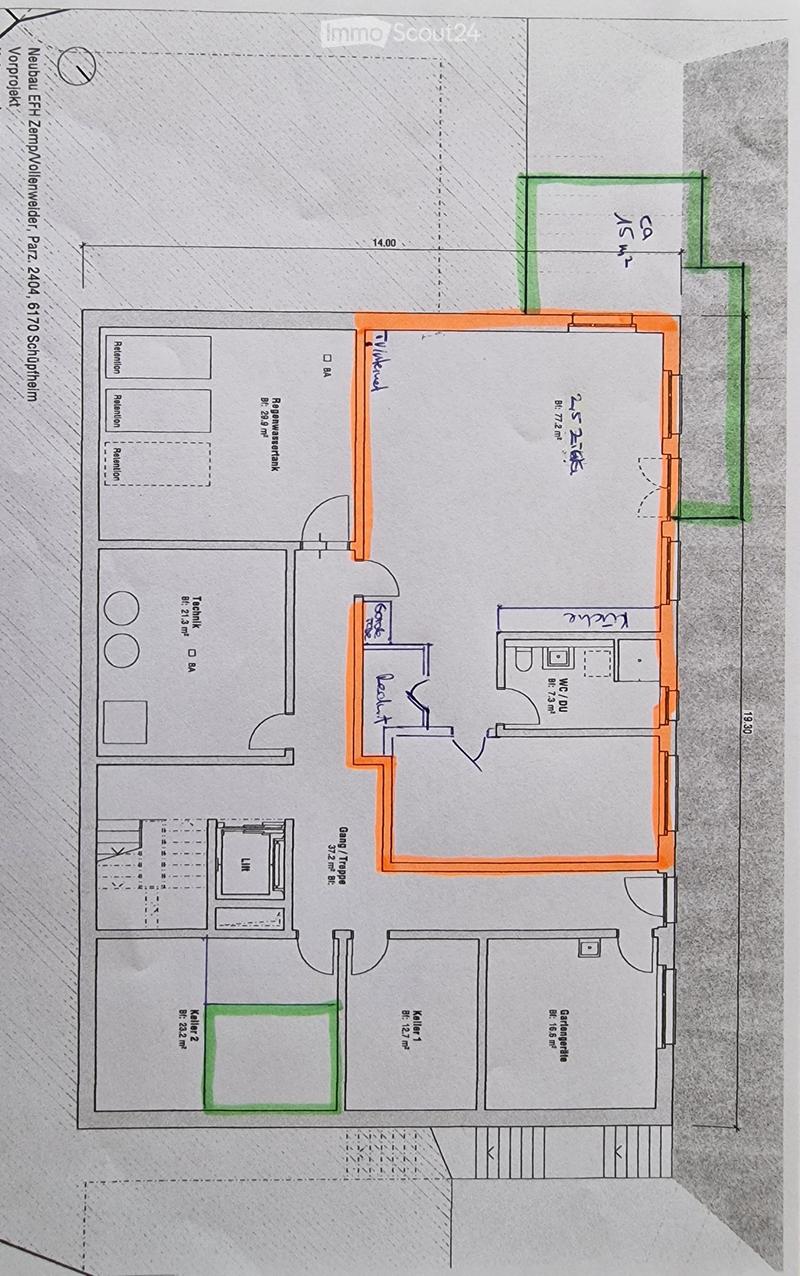 Floor plan showing a layout with multiple rooms including a living area, kitchen, bedrooms, bathrooms, and storage spaces.