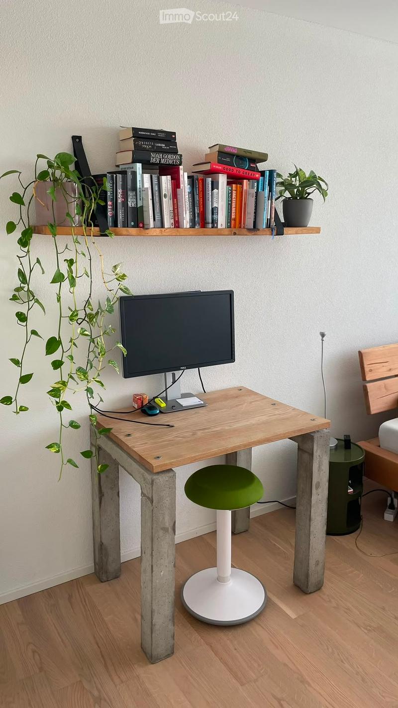 A modern, minimalist workspace with a wooden desk, green stool, monitor, bookshelf filled with books, and a hanging plant.