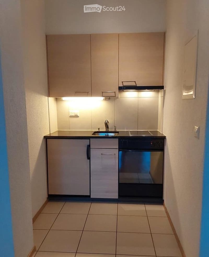 Modern kitchen with light-colored cabinets, a sink, a faucet, and an oven. The space is well-lit with under-cabinet lighting and has tiled flooring.
