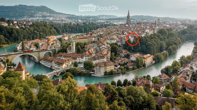 A panoramic view of a cityscape with numerous buildings, a river running through the center, and a bridge connecting both sides. The architecture features traditional European styles with red-tiled roofs and ornate facades.