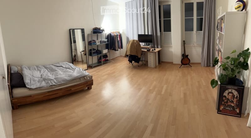 A well-lit bedroom with wooden flooring, a bed with pillows and a blanket, a mirror, a clothing rack, a guitar, a desk with a computer, a chair, a potted plant, and a poster on the wall.