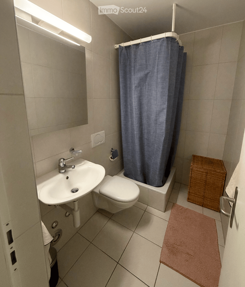 Modern bathroom with a white sink, chrome faucet, toilet, shower curtain, mirror, wicker basket, and a pink bathroom rug.