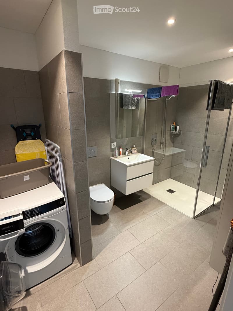 Modern bathroom with a toilet, sink, mirror, glass-enclosed shower, and a private washing machine. Towels are hanging on the side.