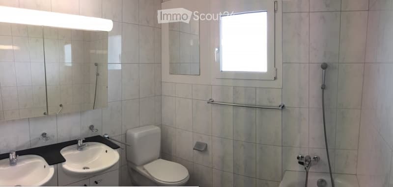 Modern bathroom with two sinks, a toilet, a bathtub, and a large mirror above the sinks.