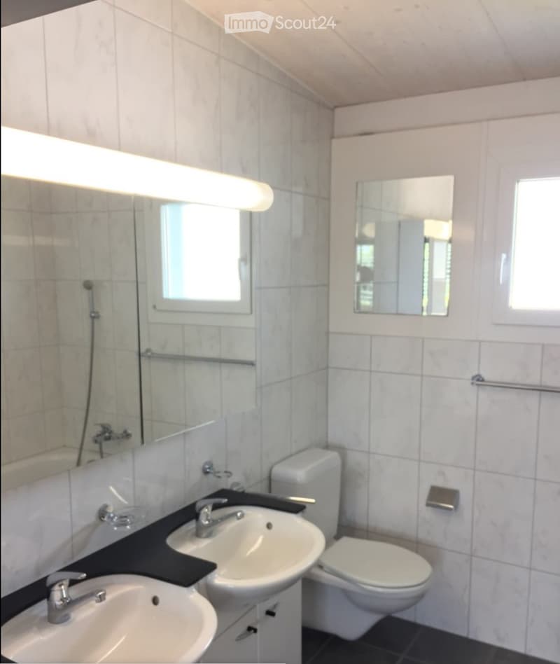 Modern bathroom with two sinks, a toilet, a large mirror, and a shower area with a glass door.