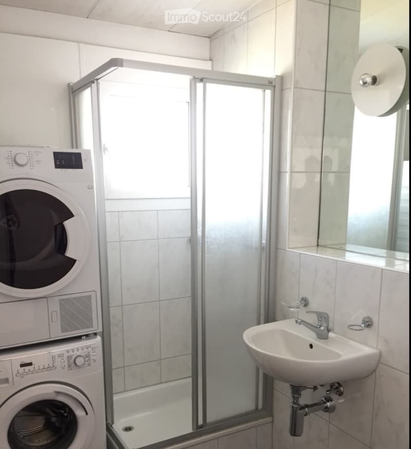 Modern bathroom with a white tiled shower, a sink with a modern faucet, and a stacked washer and dryer unit.