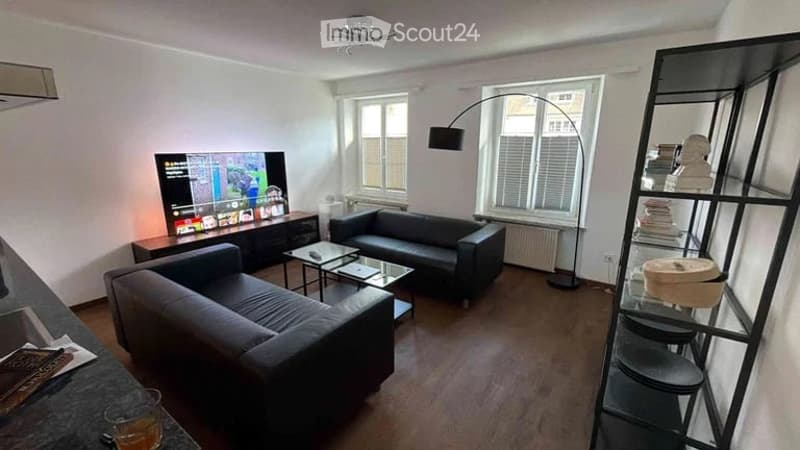 Modern living room with dark-colored sofas, a coffee table, a TV stand, and a floor lamp. The room features large windows and wooden flooring.
