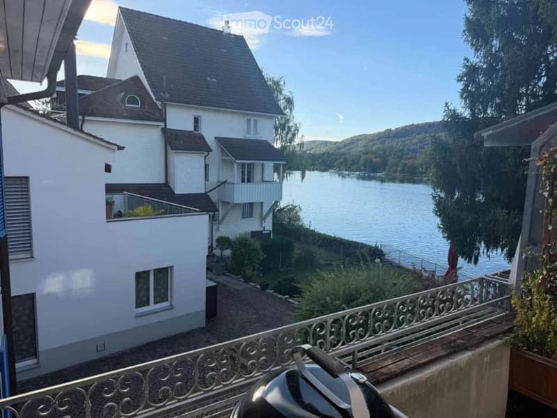 Balcony overlooking a serene lake with surrounding greenery and a multi-story house in the background.
