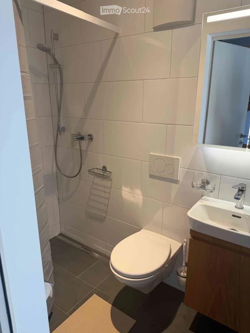 Modern bathroom with white tiles, a toilet, a sink with a mirror, a shower, and a towel rack.