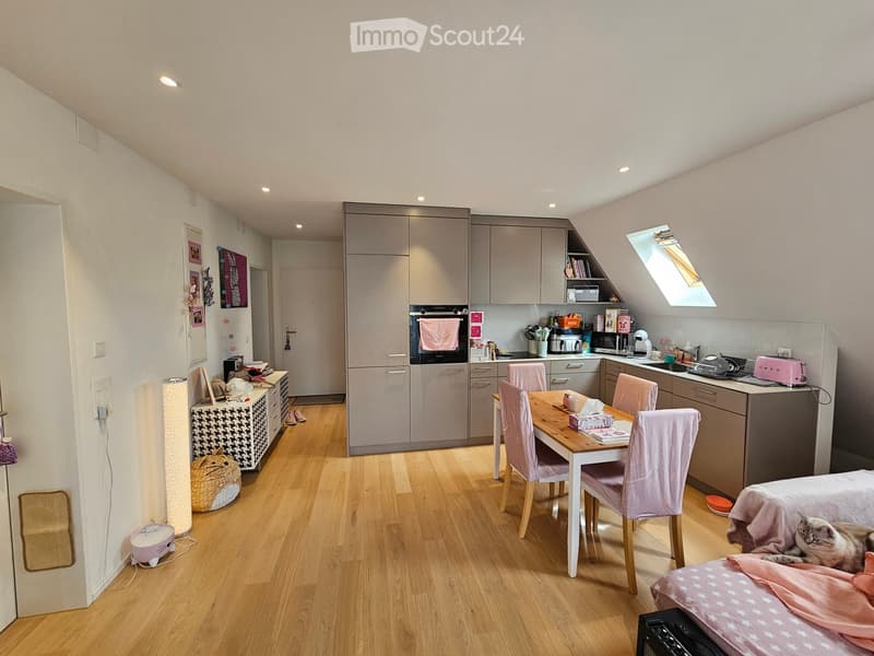 A modern, open-plan living and dining area with a wooden floor, grey cabinets, a dining table with chairs, a bed with a pink blanket, and a cat resting on the bed.