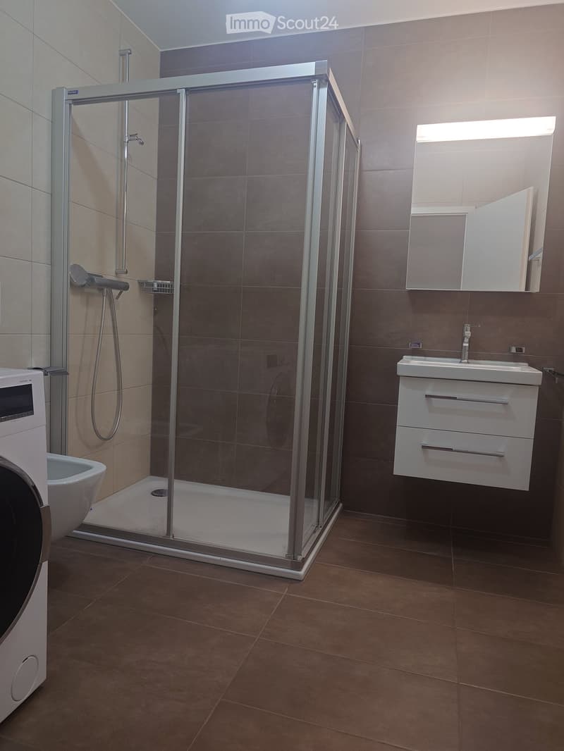 Modern bathroom with a glass-enclosed shower, a white sink with a mirrored cabinet, and a washing machine. The walls are tiled in neutral tones, and the floor is covered with brown tiles.