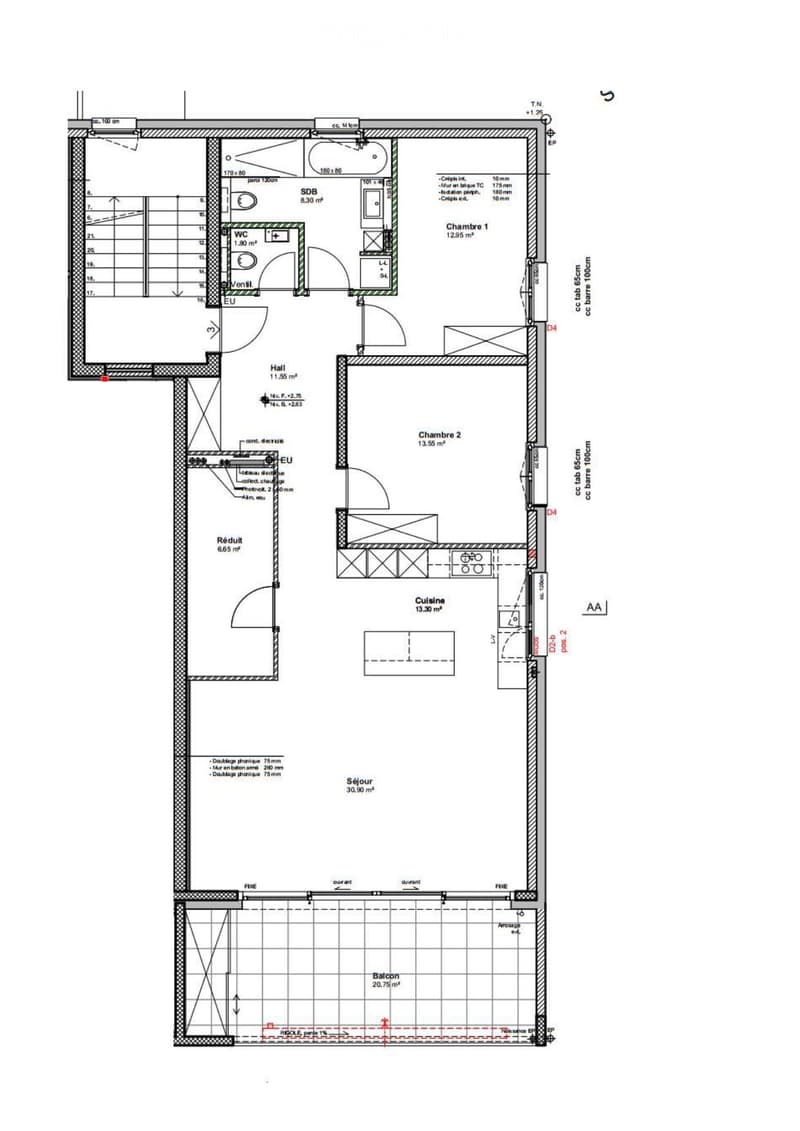 Floor plan showing a layout with a living room, kitchen, two bedrooms, bathroom, hallway, and balcony.