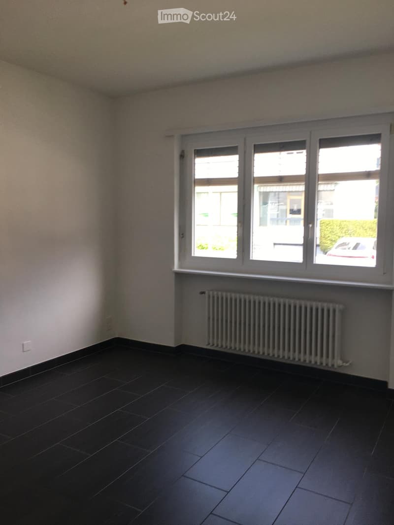Empty room with dark tiled floor, white walls, large window with white frame, and a white radiator below the window.