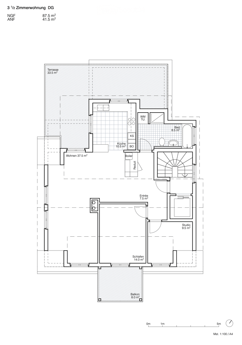 Floor plan of a 3.5-room apartment on the top floor, featuring a living area, kitchen, bathroom, studio, bedroom, entrance, and balcony.
