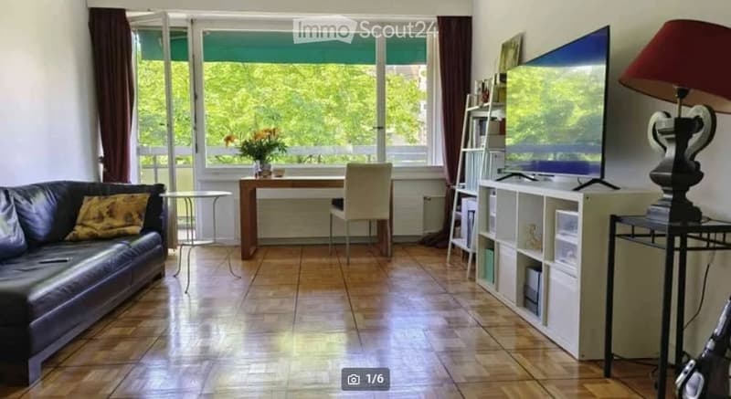 Bright living room with large windows offering a view of greenery, featuring a black leather sofa, wooden coffee table, white chair, bookshelf, and a television on a stand.