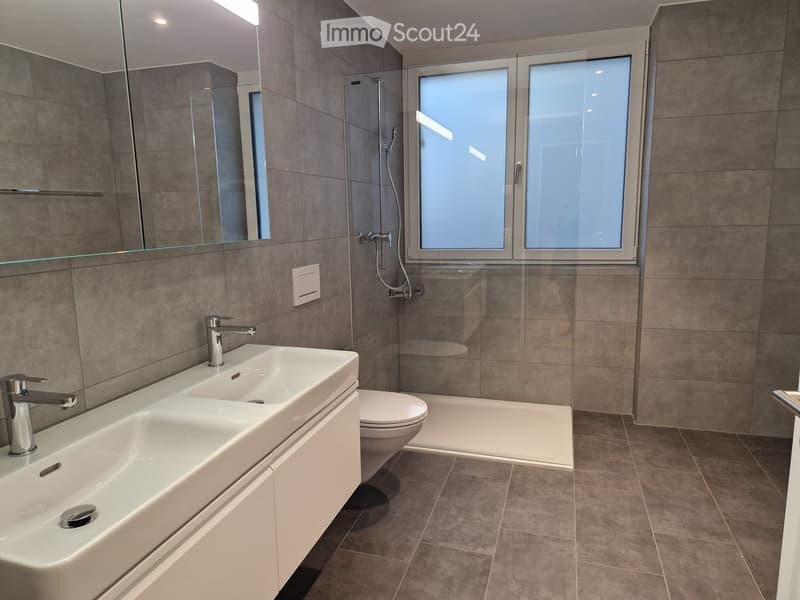 Modern bathroom with a double sink, chrome faucets, a large mirror, a toilet, and a glass-enclosed shower area with a window.