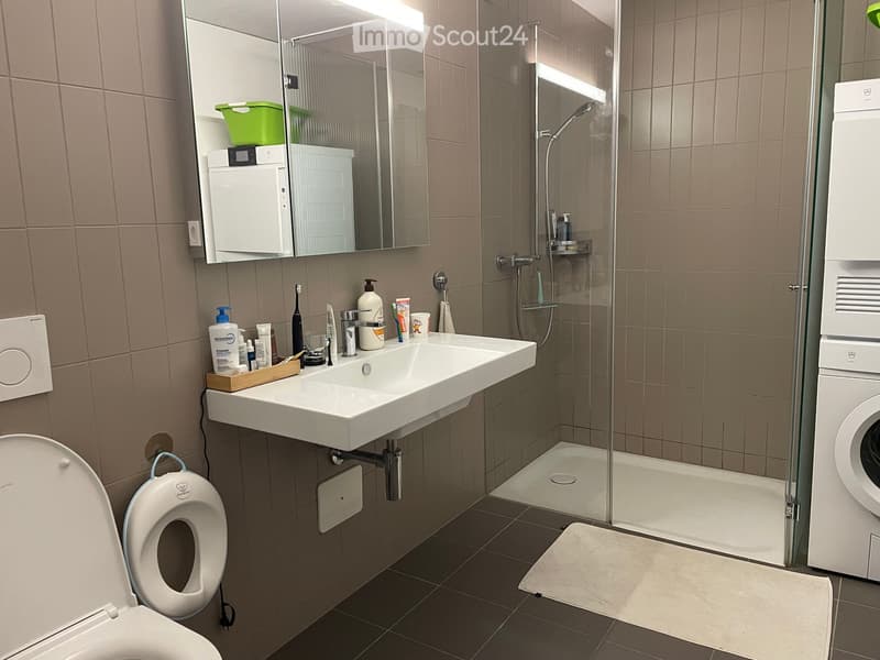 Modern bathroom with a white sink, toilet, mirror, and a glass-enclosed shower. A washing machine is positioned next to the shower, and various toiletries are neatly arranged on the sink counter.