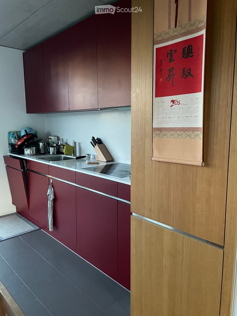 Modern kitchen with red cabinets, stainless steel sink, stove, and a calendar on the adjacent wall.