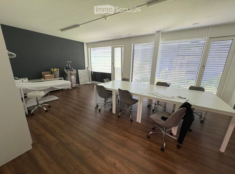 Bright office space with large windows, wooden flooring, and modern furniture including a large table, chairs, a stool, and a cabinet.