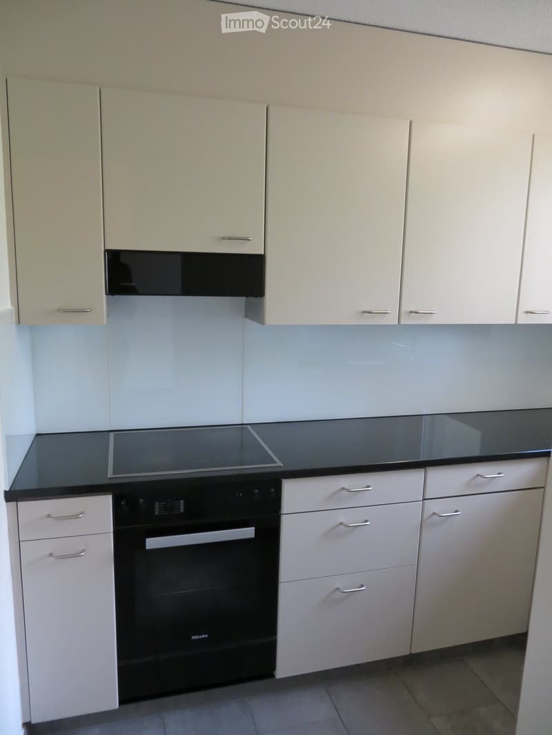 Modern kitchen with white cabinets, black countertop, induction cooktop, and built-in oven.