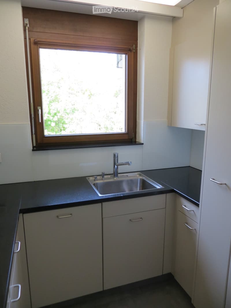 Modern kitchen with white cabinets, black countertops, and a stainless steel sink under a window.
