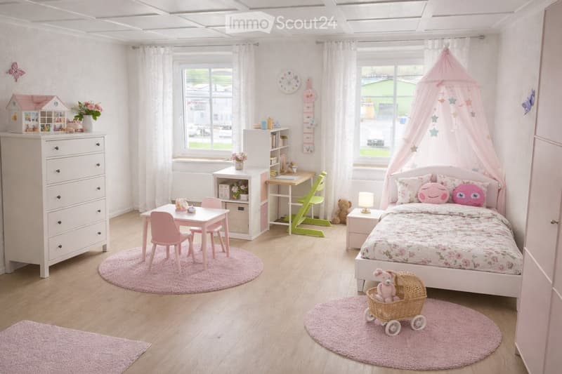 A well-lit, pastel-colored bedroom with a bed, nightstand, small table, chairs, and various toys including a toy house, toy car, and toy stroller. The room features a canopy bed, a round pink rug, and a desk with a lamp.