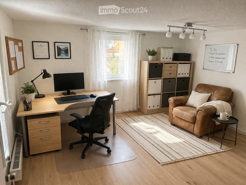 A modern, well-lit home office with a wooden desk, ergonomic chair, computer setup, leather sofa, small side table, storage unit, and decorative elements including a plant and framed artwork.