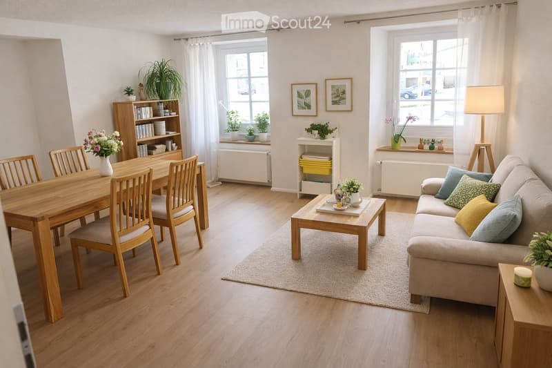 Bright living and dining area with wooden flooring, large windows, a sofa with cushions, a coffee table, a dining table with chairs, a bookshelf, and decorative plants.