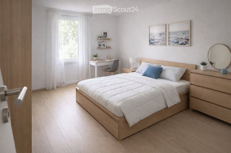 Modern bedroom with a wooden bed, white bedding, nightstand with lamp, dresser with mirror, desk with chair, and decorative picture frames on the wall.