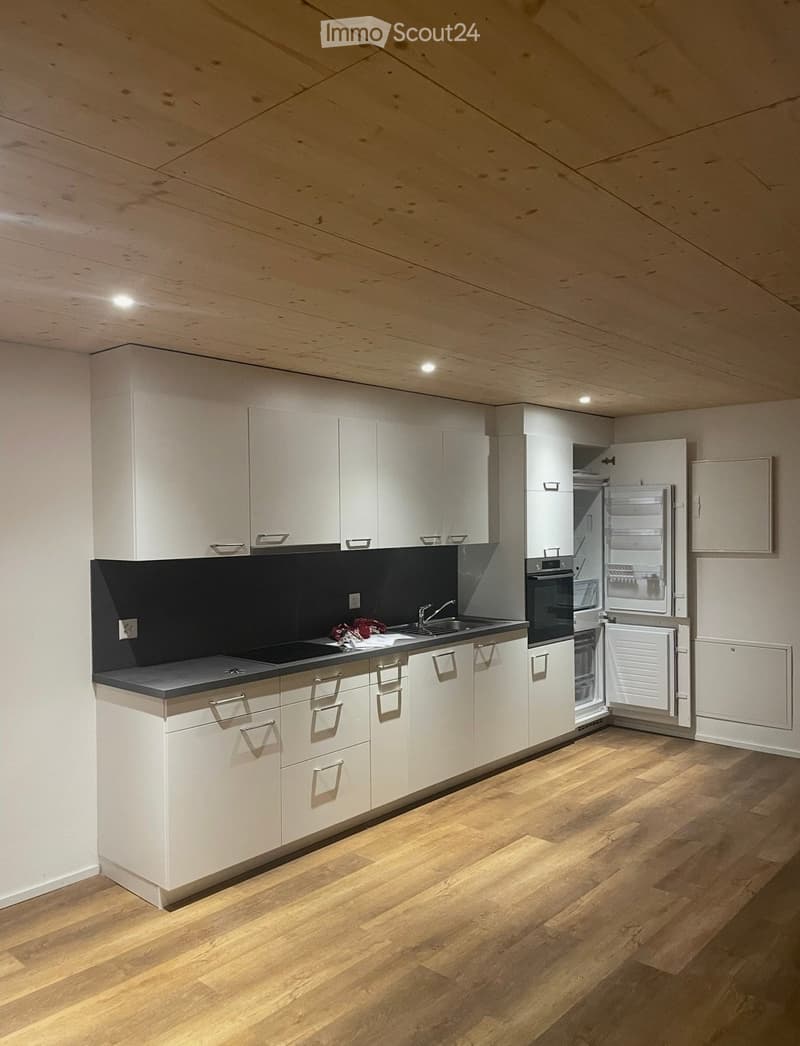 Modern kitchen with white cabinets, wooden flooring, and stainless steel appliances including a sink, faucet, refrigerator, and oven.