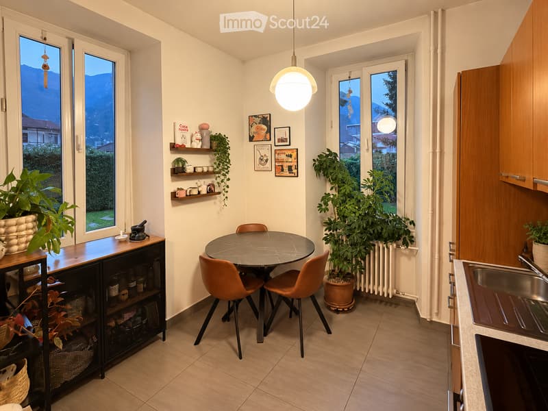A modern, compact kitchen and dining area with a round dining table, four chairs, a sink, and shelves with decorative items and plants. The space features large windows with a scenic mountain view.