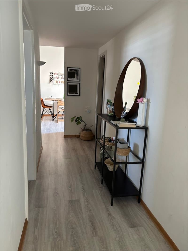 A modern hallway with wooden flooring, white walls, and a black console table with a mirror, decorative items, and a small plant. The hallway leads to a dining area with a table and chairs.
