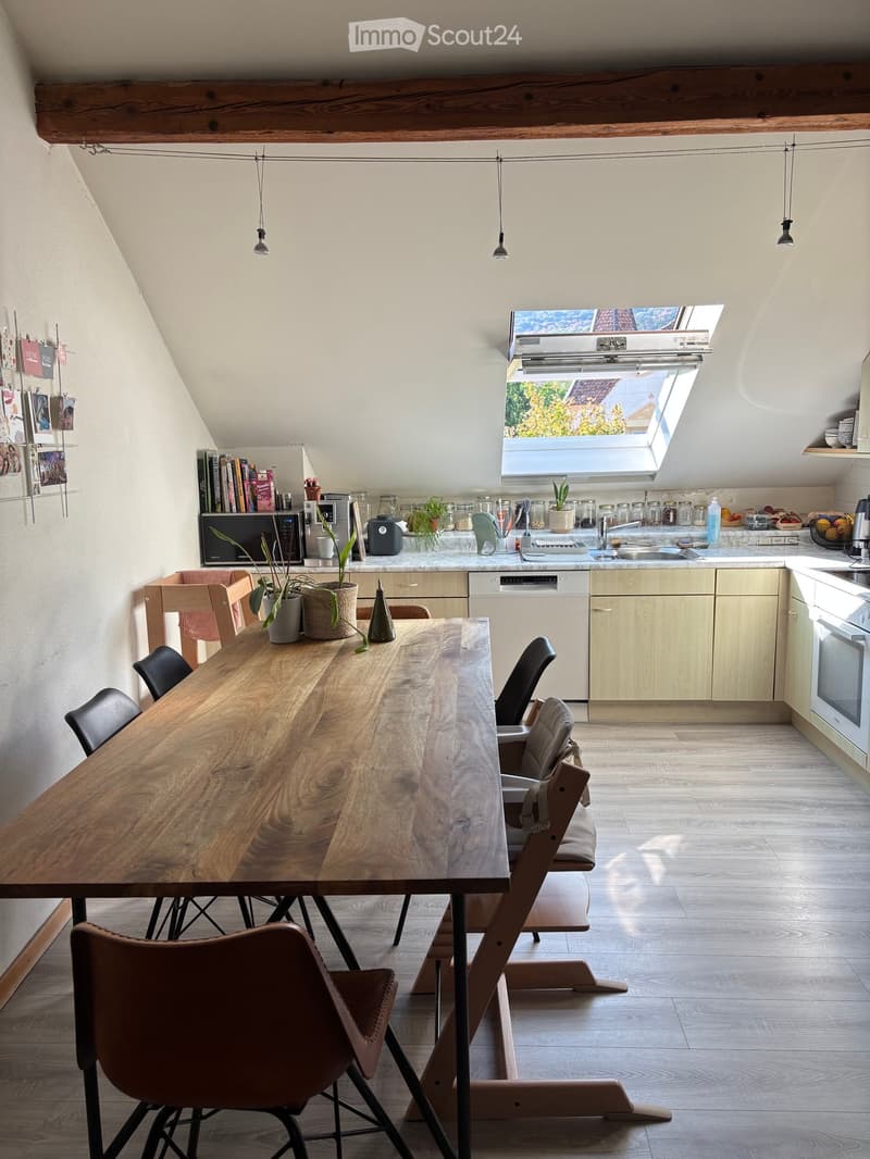 Modern kitchen with a long wooden dining table, chairs, built-in appliances, and a skylight window above the sink.