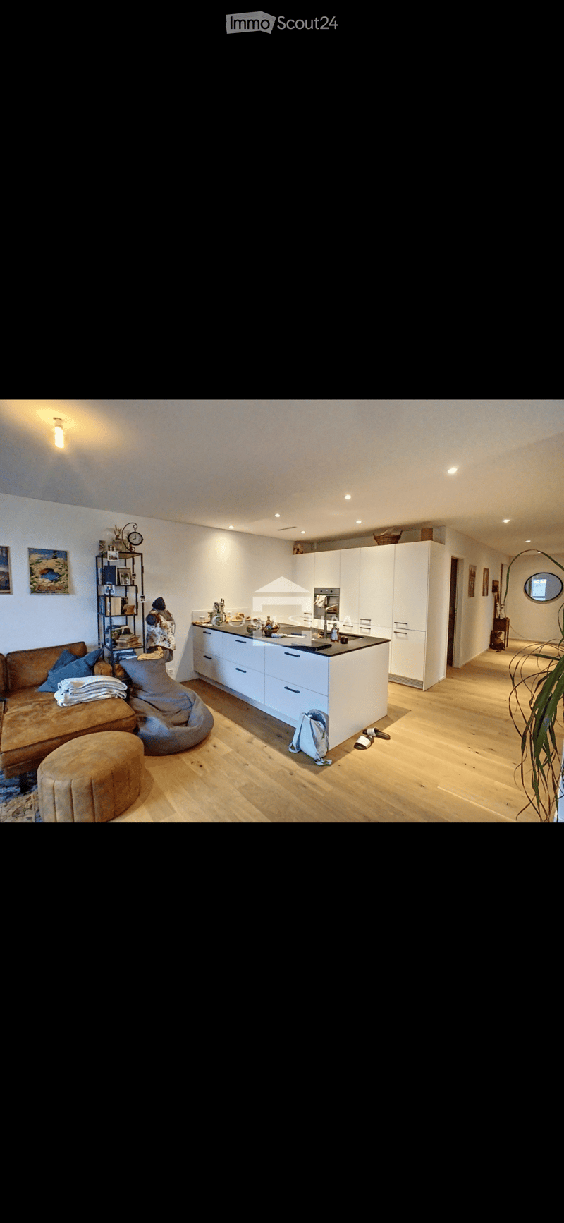 Open-plan living and kitchen area with a sofa, a round stool, a kitchen island, white cabinets, a shelf with books and decor, and a large plant near the entrance.