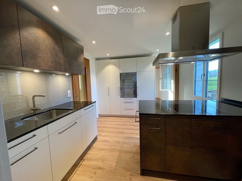 Modern kitchen with white and dark wood cabinets, stainless steel appliances, and a central island with a black countertop.