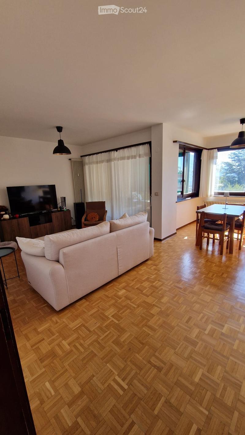 A spacious living and dining area with wooden herringbone flooring, large windows with white curtains, a white sofa, a wooden dining table with chairs, and a television on a wooden stand.